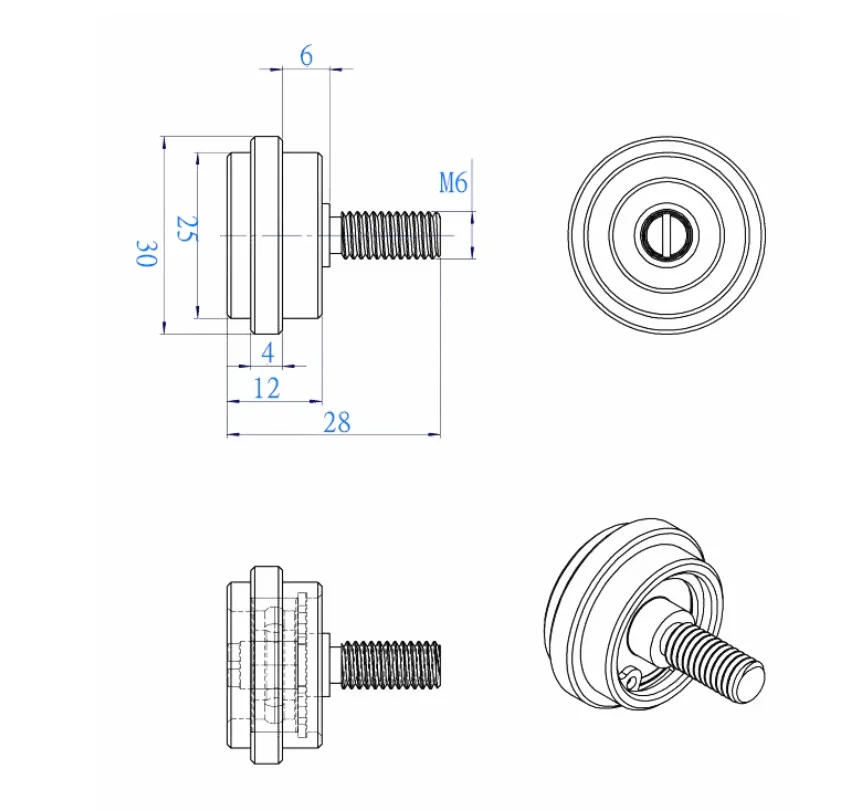 Technical drawing of a guide wheel with example 30 mm and M6 dimensions