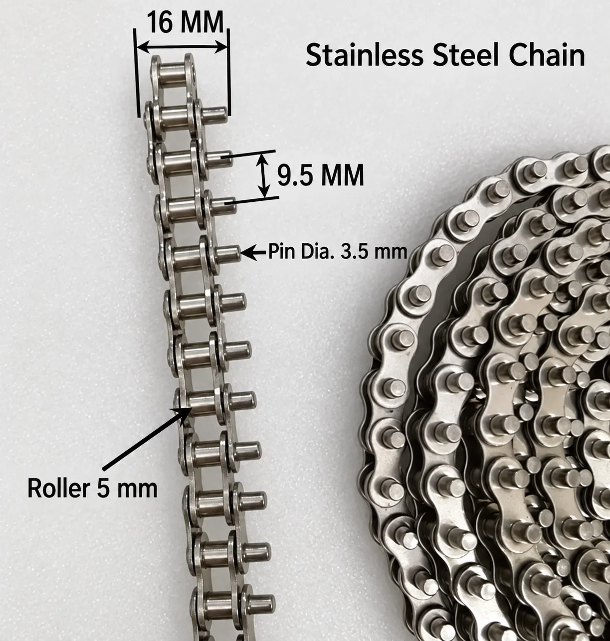 Reflow oven stainless steel pin chain with example dimensions labelled