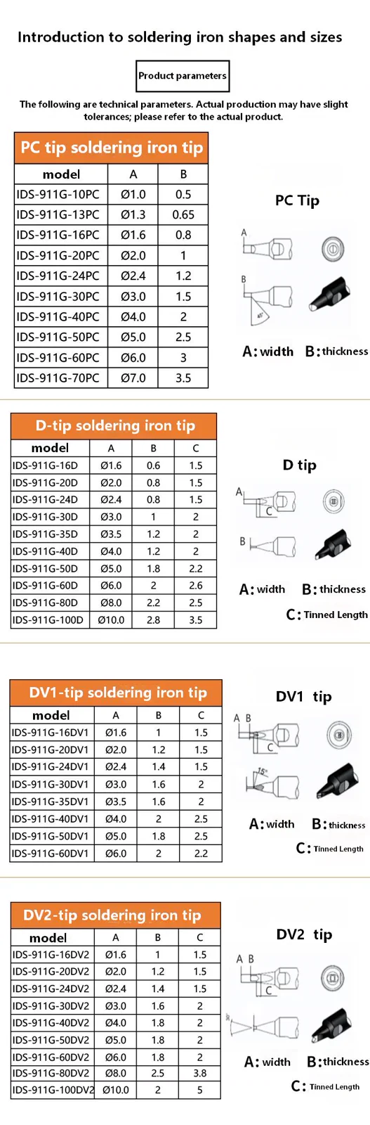 Examples of PC, D, DV1 and DV2 soldering iron tip dimensions and models
