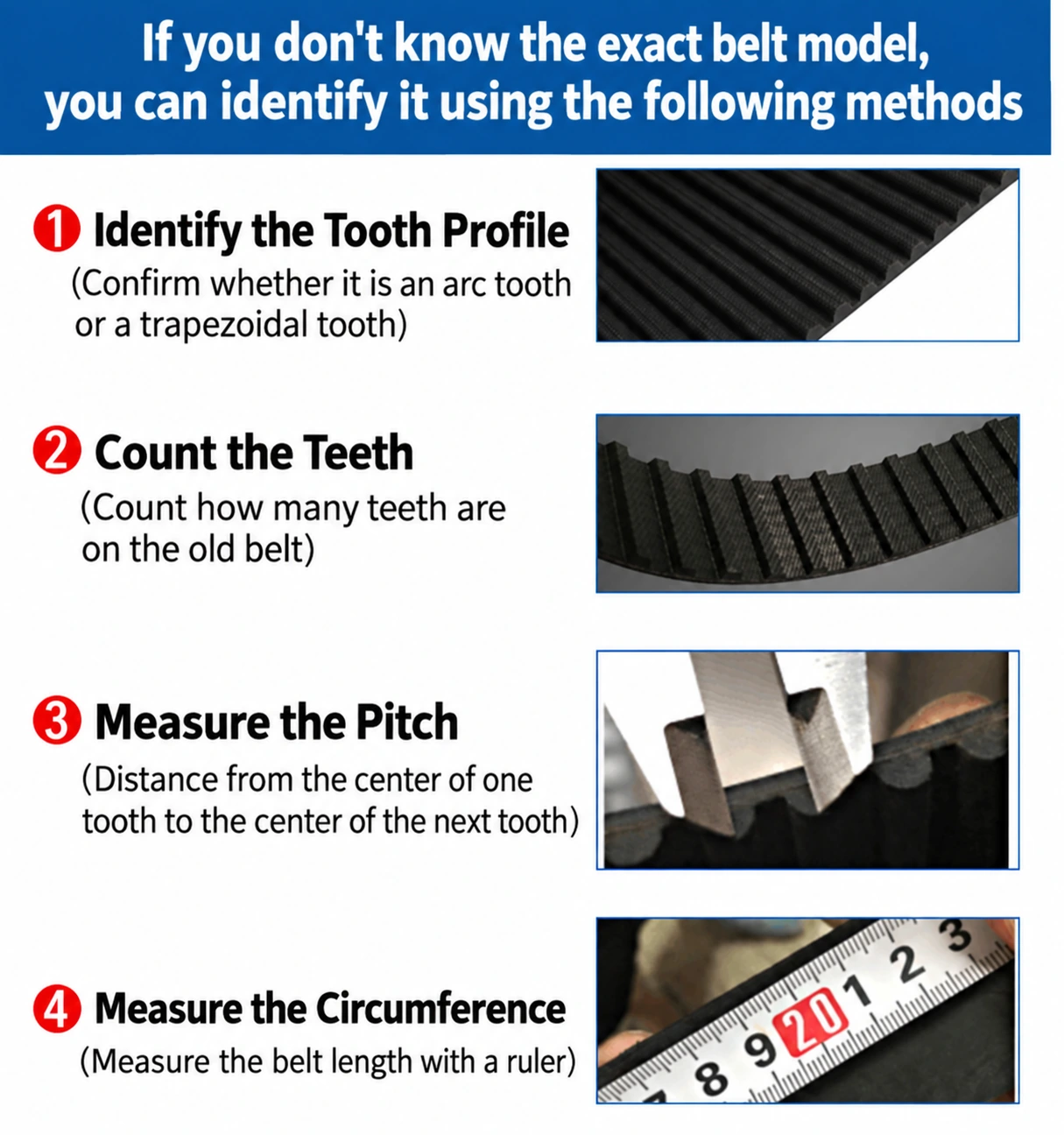 Timing belt identification guide covering tooth profile, teeth count, pitch and circumference